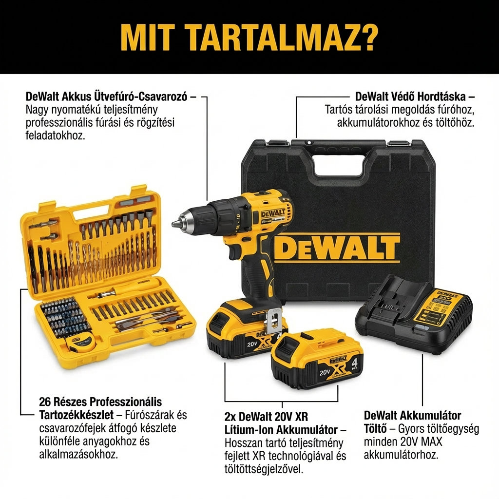 DEWALT Ütvefúró Csavarozó – Teljes Készlet + 2 Akkumulátor + 26 Tartozék